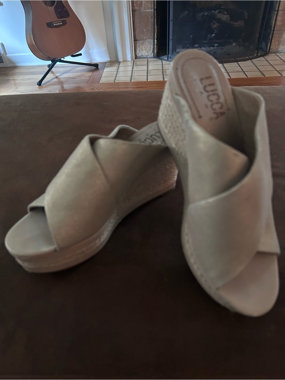 LUCCA Taupe Suede Crisscross Wedge Sandals